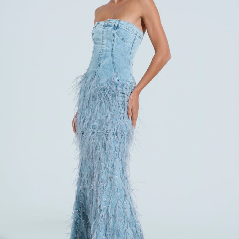 AKIRA Light Blue Strapless Feather Dress